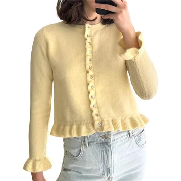 Women's Cropped Cardigan Ruffle Frilly Yellow - Picture 1 of 7